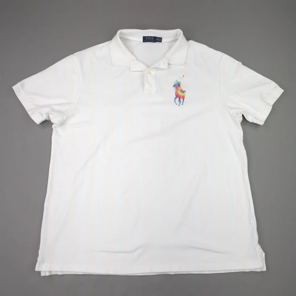 Polo Ralph Lauren Polo Shirt Mens Big 2X White Rainbow Tie-dye Big Pony Knit